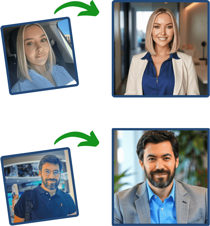 Example of turning selfie to professional ai headshot for a man and a woman