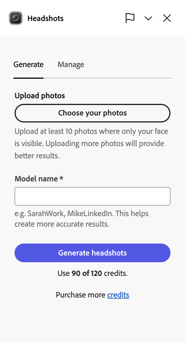 Headshots add-on panel in Adobe Express showing the Generate tab with Upload photos, Model name field, and Generate headshots button costing 90 credits