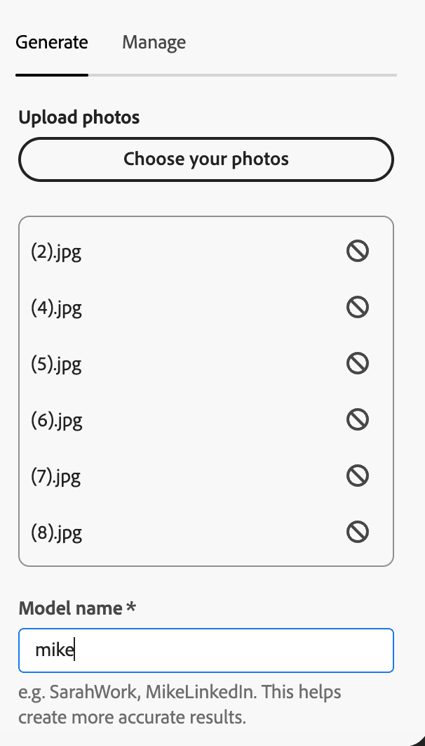 Headshots add-on showing uploaded photo files with model name 'mike' entered