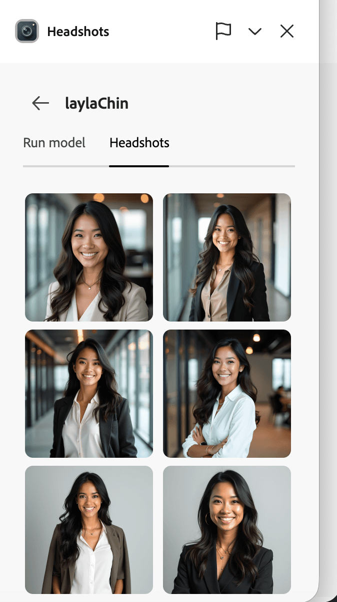 Grid of generated AI headshots in the Headshots tab showing six professional portraits of the same person in different outfits and backgrounds