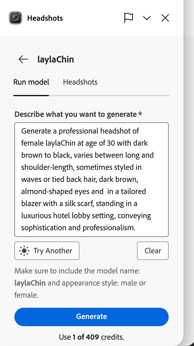 Custom prompt interface in the Headshots add-on showing a detailed headshot description with Try Another inspiration button and Generate button costing 1 credit