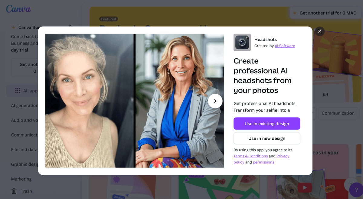 Headshots app landing page in Canva showing the before and after preview and options to use in existing or new design