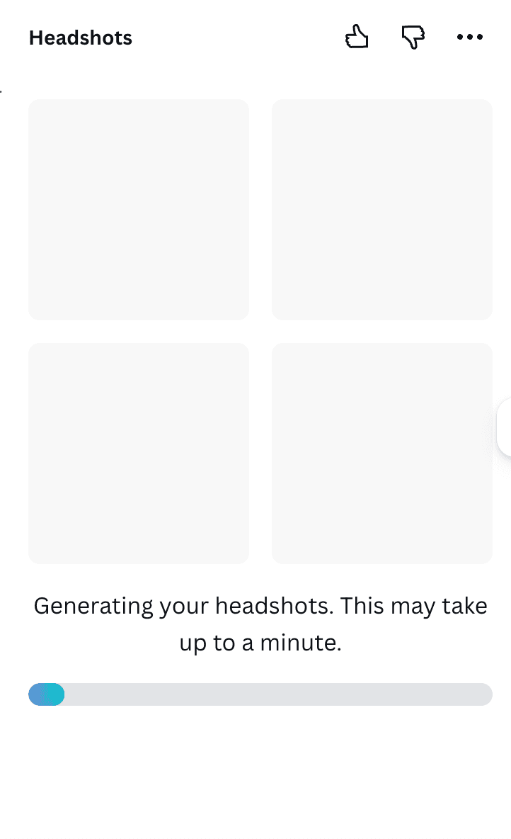 Headshots app generating progress screen showing 'Generating your headshots. This may take up to a minute.' with a progress bar