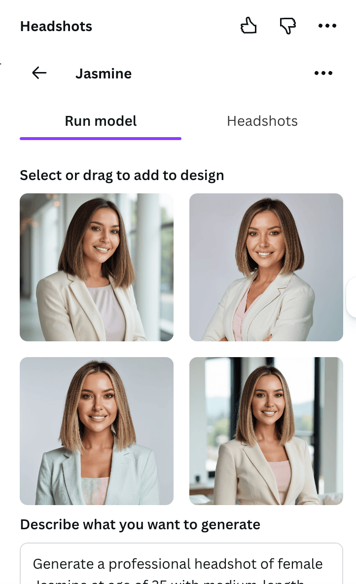 Generated custom headshots from a prompt showing four professional portraits with the prompt text below and option to drag into design
