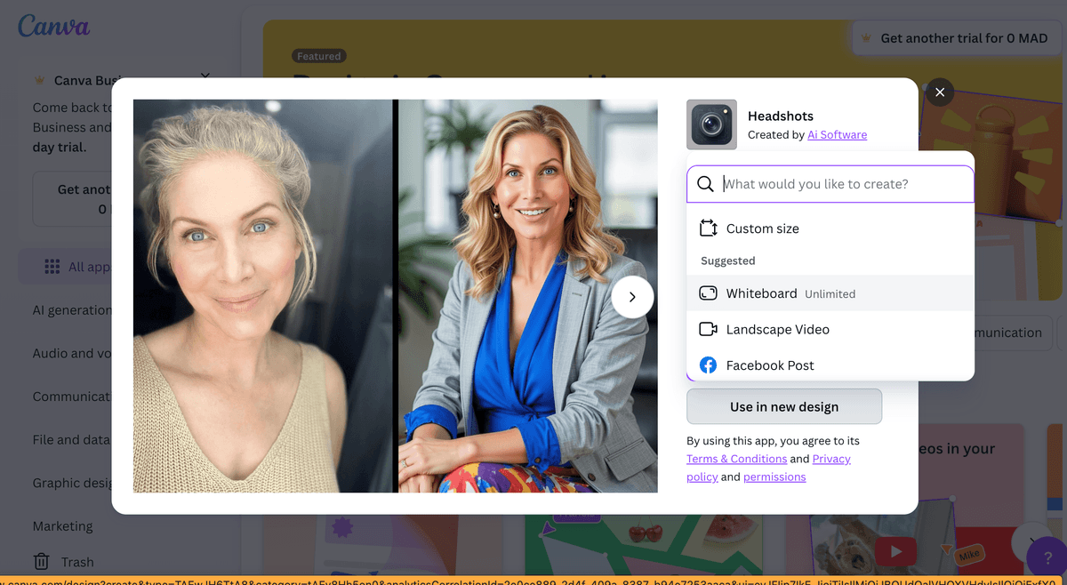 Canva new design options showing Custom size, Whiteboard, Landscape Video, and Facebook Post formats