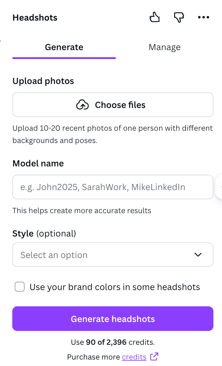 Headshots app Generate tab showing upload photos area, model name field, style dropdown, and brand colors option