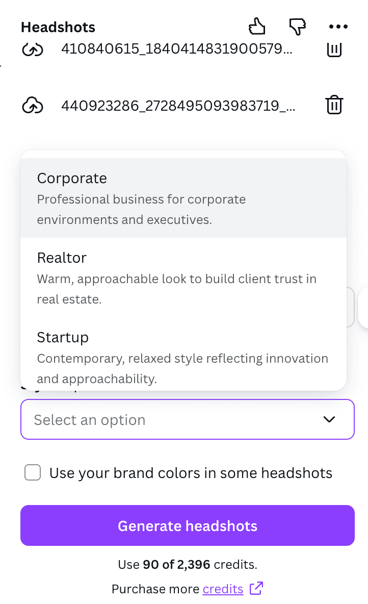 Style dropdown in the Headshots app showing Corporate, Realtor, and Startup options with descriptions