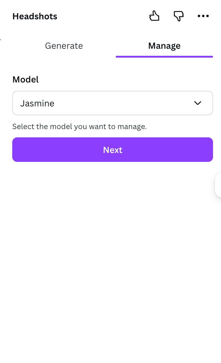 Manage tab showing model dropdown with 'Jasmine' selected and a Next button