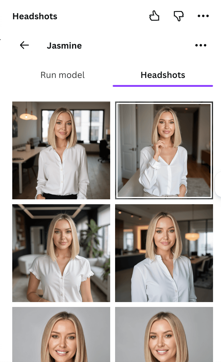 Grid of generated AI headshots showing four professional portraits of the same person in different outfits and backgrounds