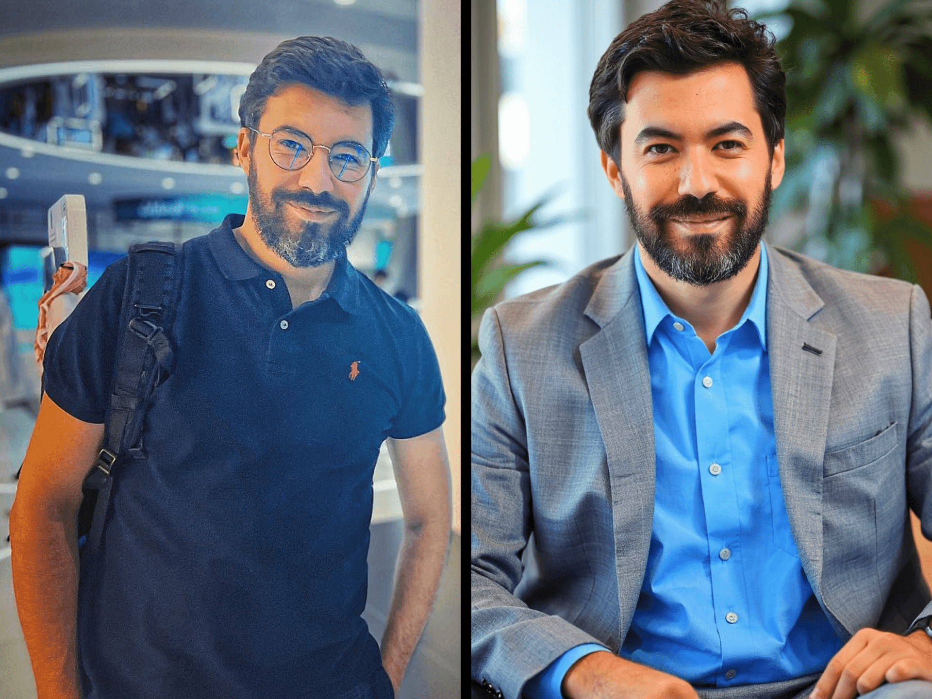 Before and after: casual selfie on the left transformed into a professional AI headshot on the right using the Headshots app in Canva