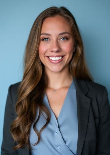 Professional headshot of a woman smiling in a blue blouse and blazer, AI headshot photo example