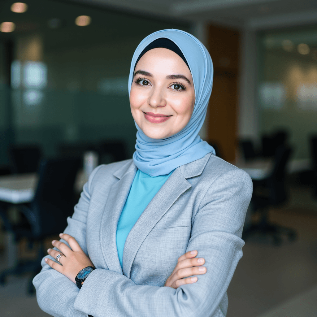 Professional headshot of a woman with straight dark hair, neutral expression, AI headshot photo example