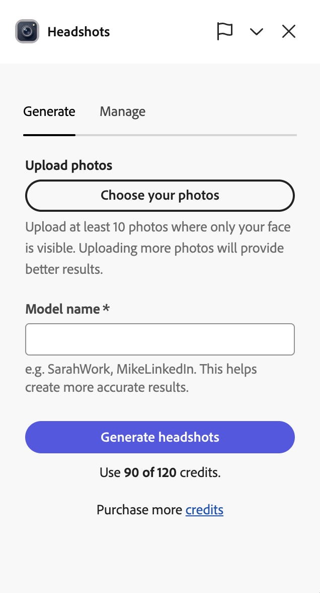 Headshots add-on panel in Adobe Express showing the Generate tab with Upload photos, Model name field, and Generate headshots button costing 90 credits