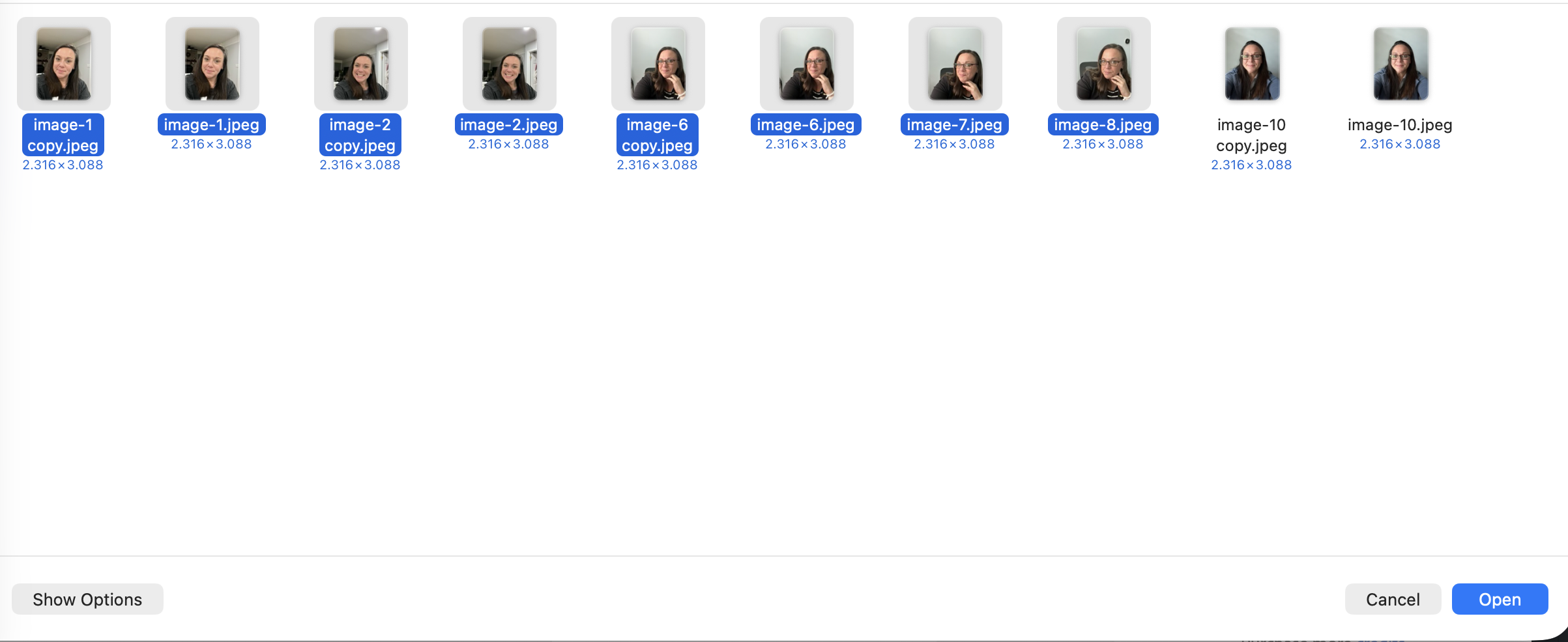 File selection dialog showing 10 selfie uploads being selected for the Headshots add-on