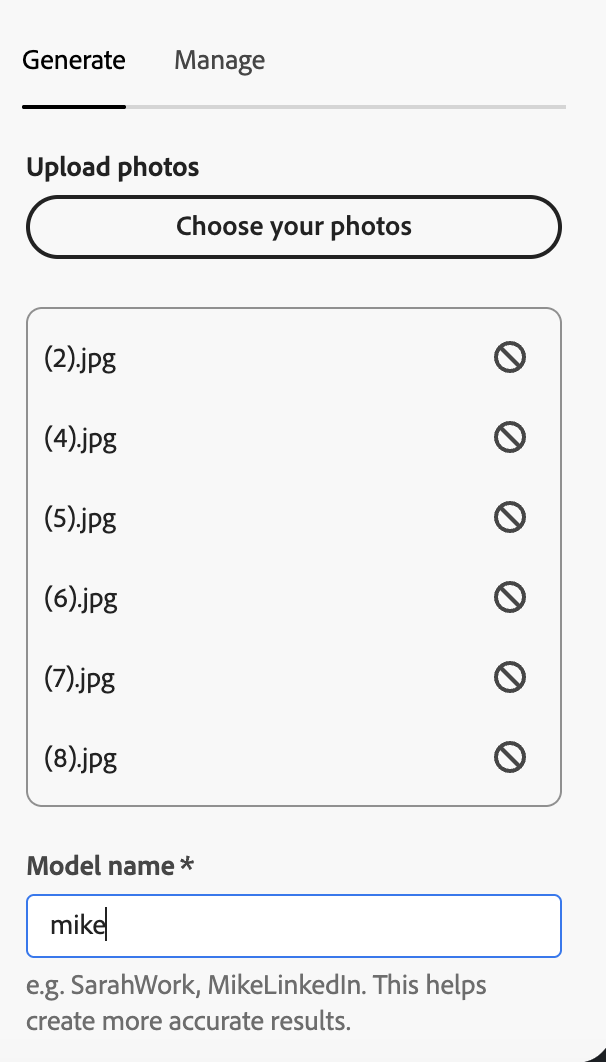 Headshots add-on showing uploaded photo files with model name 'mike' entered