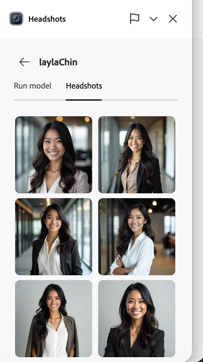 Grid of generated AI headshots in the Headshots tab showing six professional portraits of the same person in different outfits and backgrounds