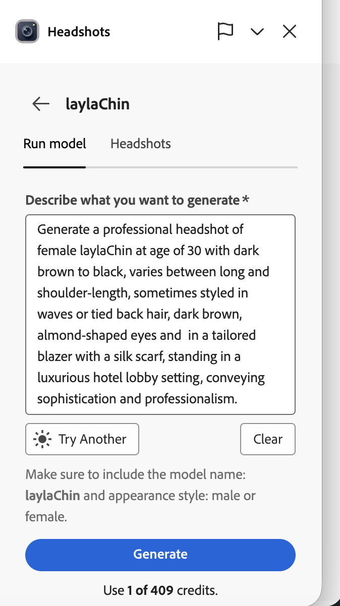 Custom prompt interface in the Headshots add-on showing a detailed headshot description with Try Another inspiration button and Generate button costing 1 credit