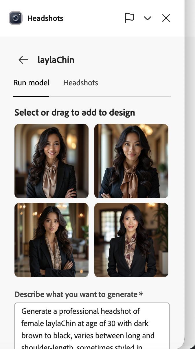 Generated custom headshots from a prompt showing professional portraits with the prompt text below and option to drag into design
