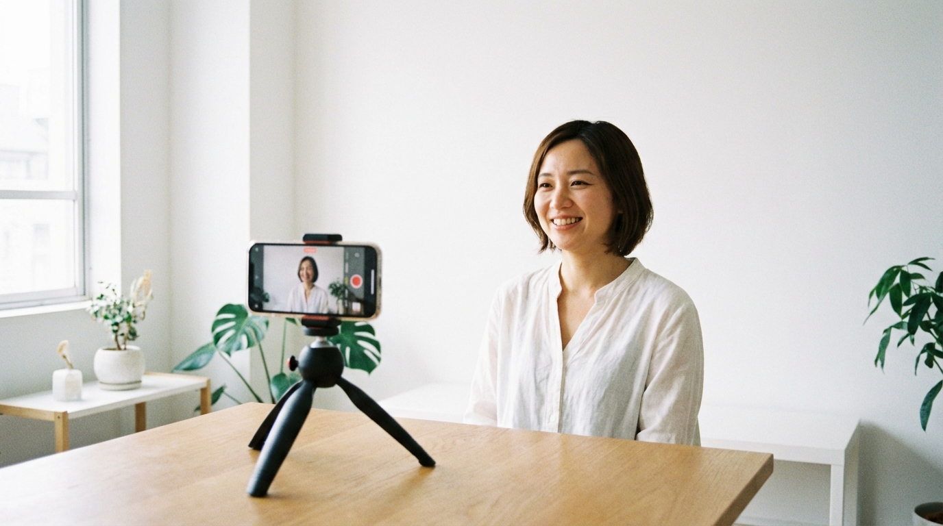 Frau macht ein professionelles Bewerbungsfoto zu Hause mit dem Smartphone