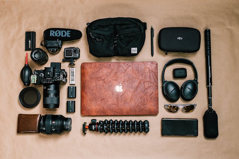 Professional photography equipment laid out for a headshot session