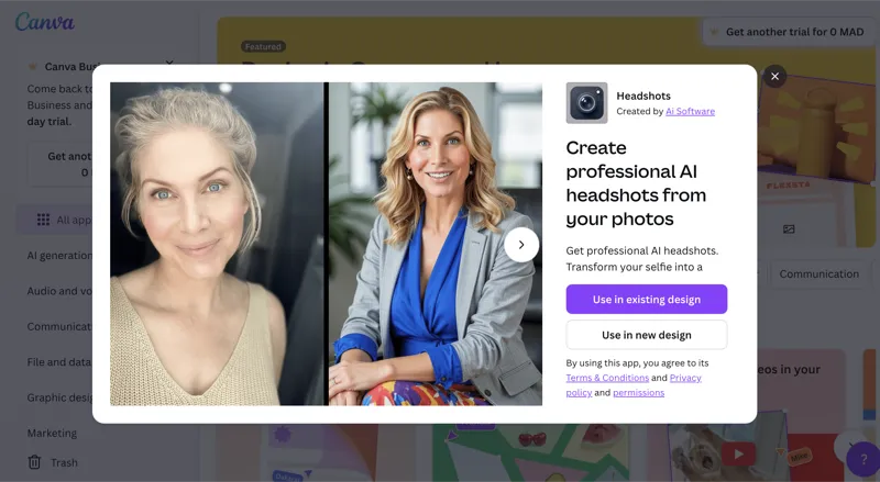 Headshots app landing page in Canva showing the before and after preview and options to use in existing or new design