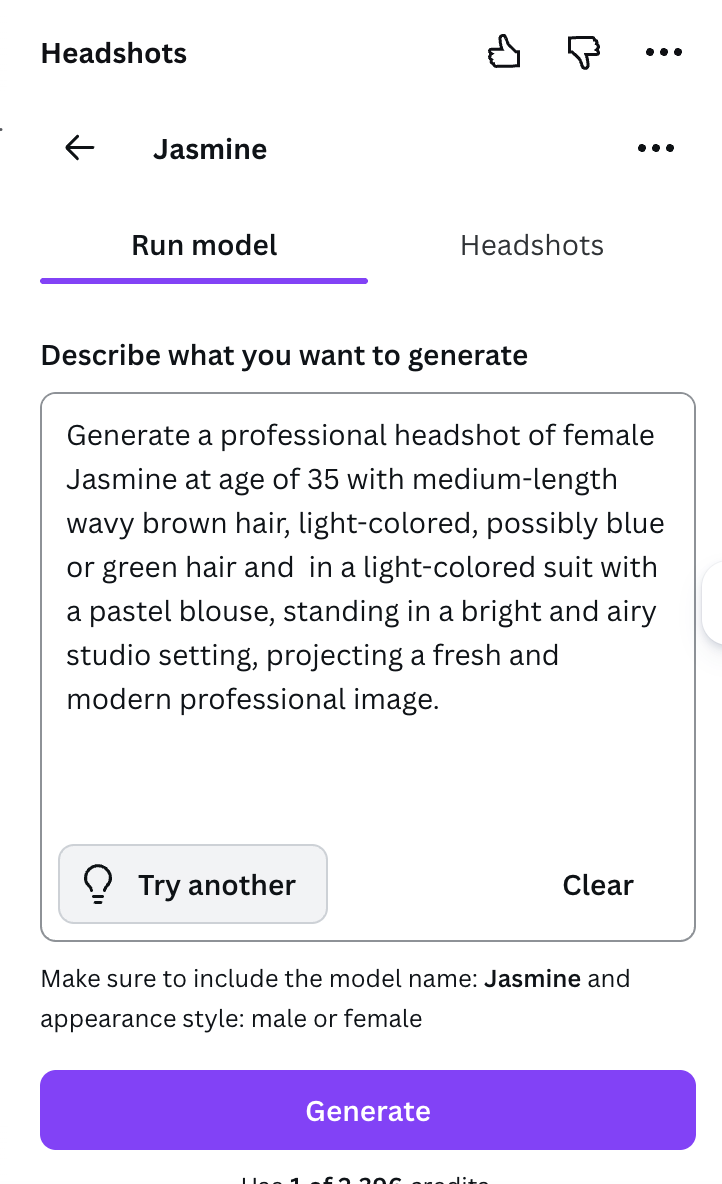 Custom prompt interface showing a detailed headshot description with 'Try another' inspiration button and Generate button costing 1 credit