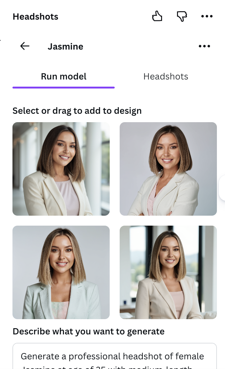 Generated custom headshots from a prompt showing four professional portraits with the prompt text below and option to drag into design