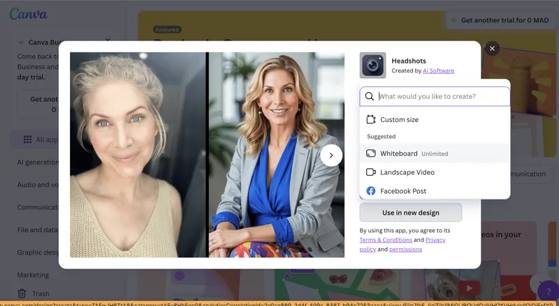 Canva new design options showing Custom size, Whiteboard, Landscape Video, and Facebook Post formats
