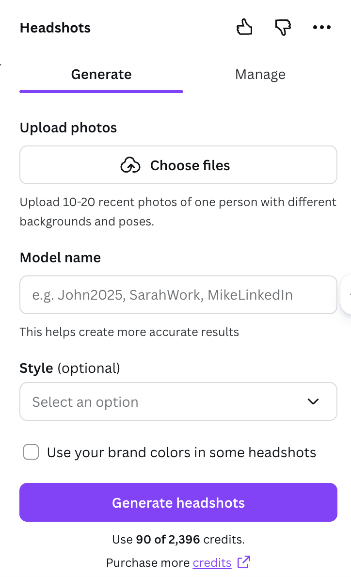 Headshots app Generate tab showing upload photos area, model name field, style dropdown, and brand colors option