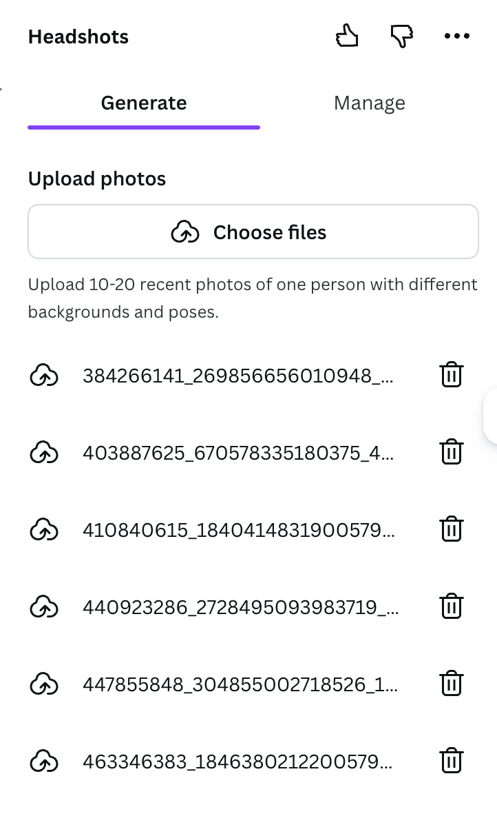 Uploaded selfies list in the Headshots app showing multiple files ready for processing