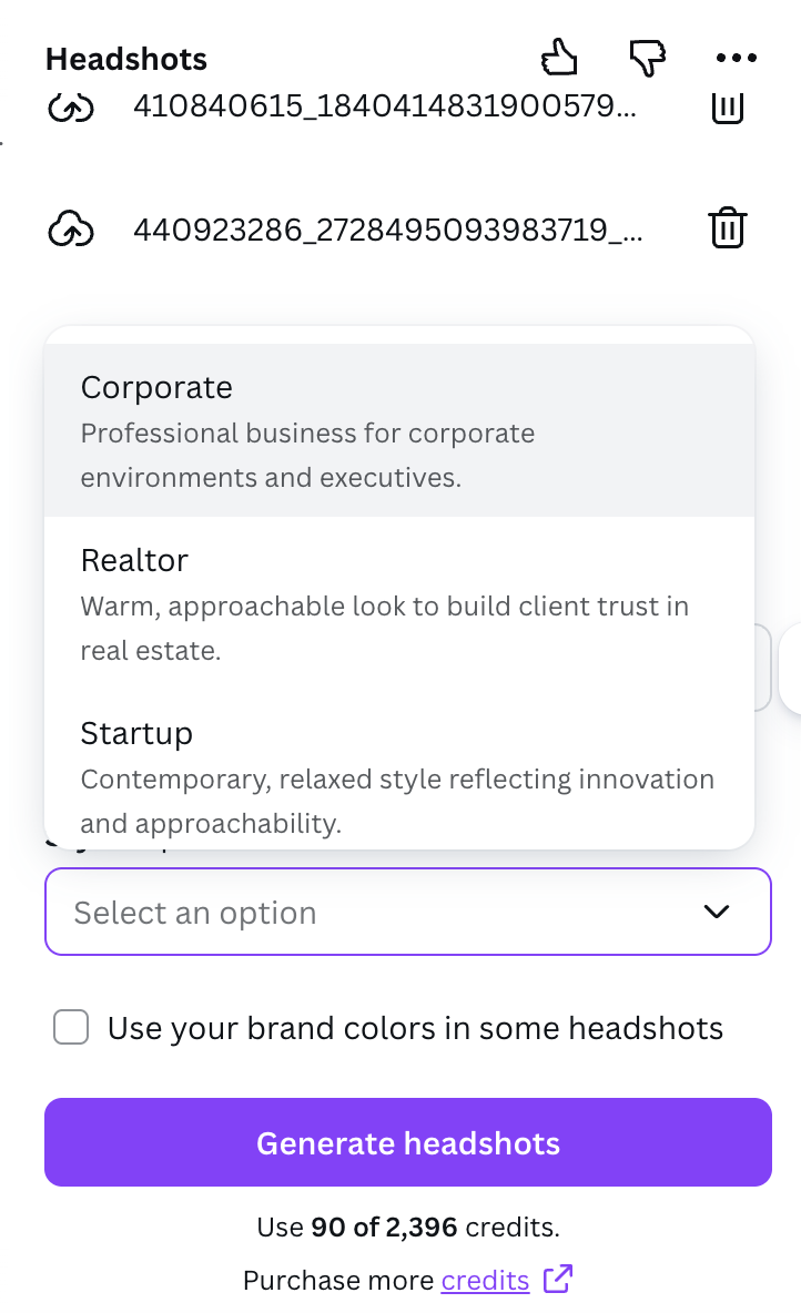 Style dropdown in the Headshots app showing Corporate, Realtor, and Startup options with descriptions