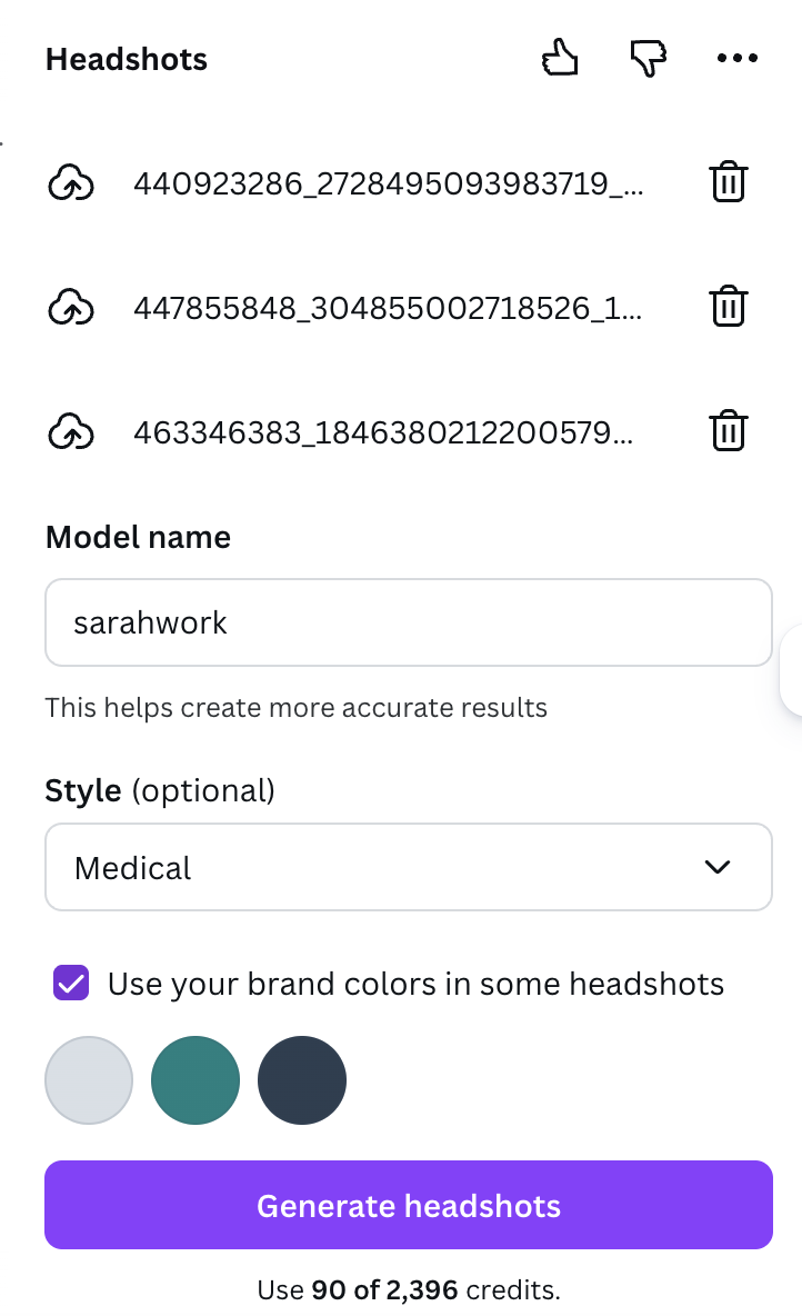 Headshots app form filled out with model name 'sarahwork', Medical style selected, and brand colors enabled with teal and dark blue swatches