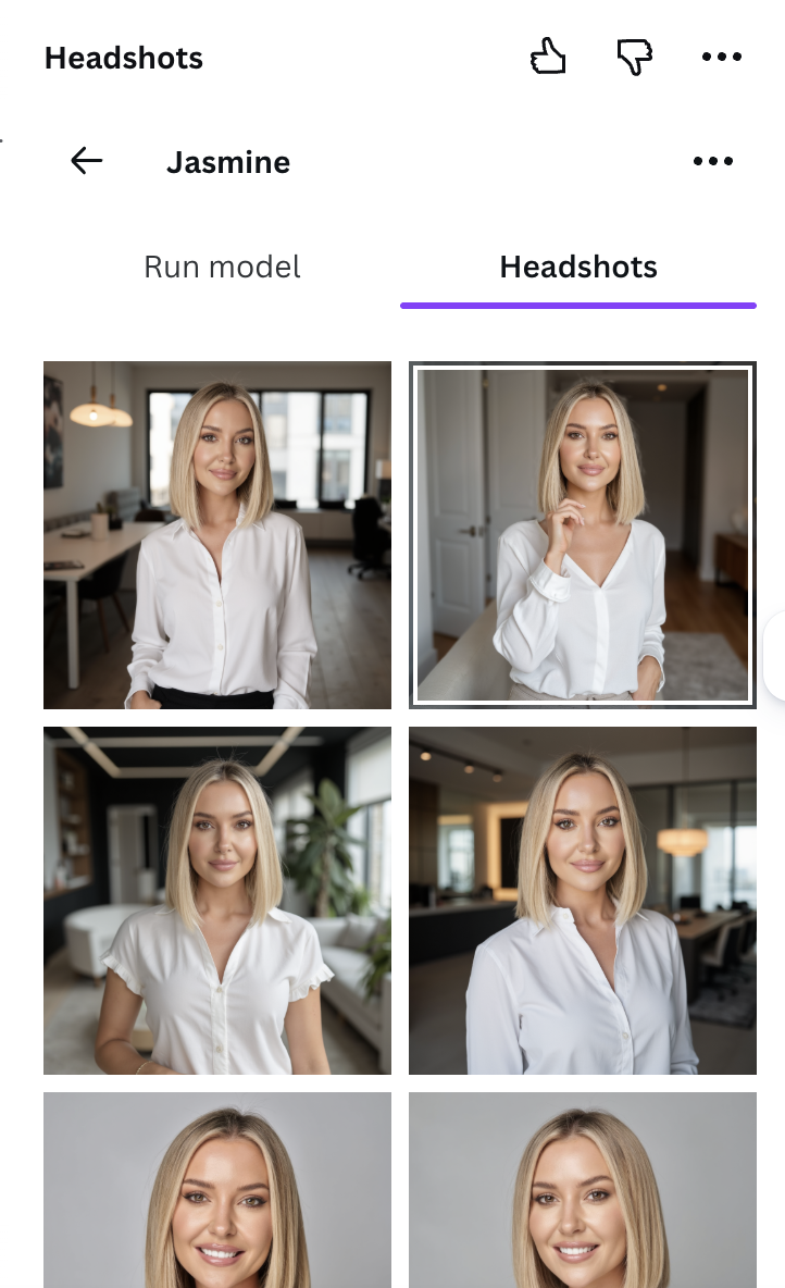 Grid of generated AI headshots showing four professional portraits of the same person in different outfits and backgrounds