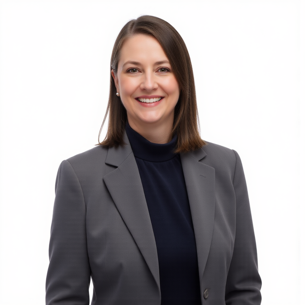 Professional headshot of a woman smiling in a blue blouse and blazer, AI headshot photo example